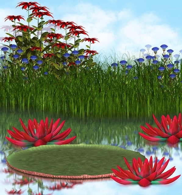 pond, outdoor pond, outdoor waterfall